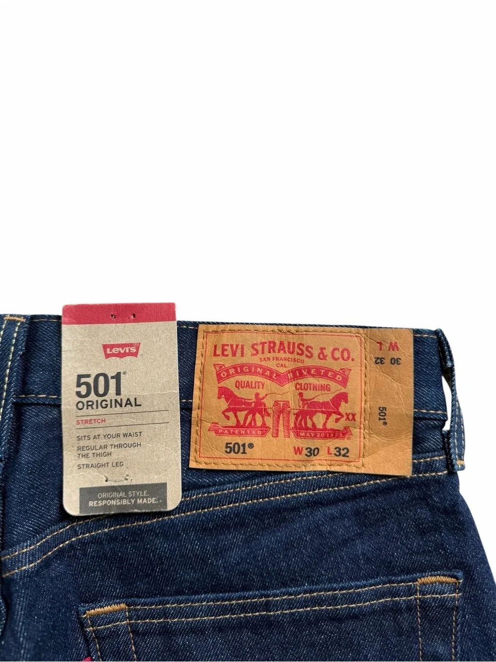 Levis 501 Original Straight Leg Jeans Mens 30x32 Dark Blue Denim Low Stretch NWT